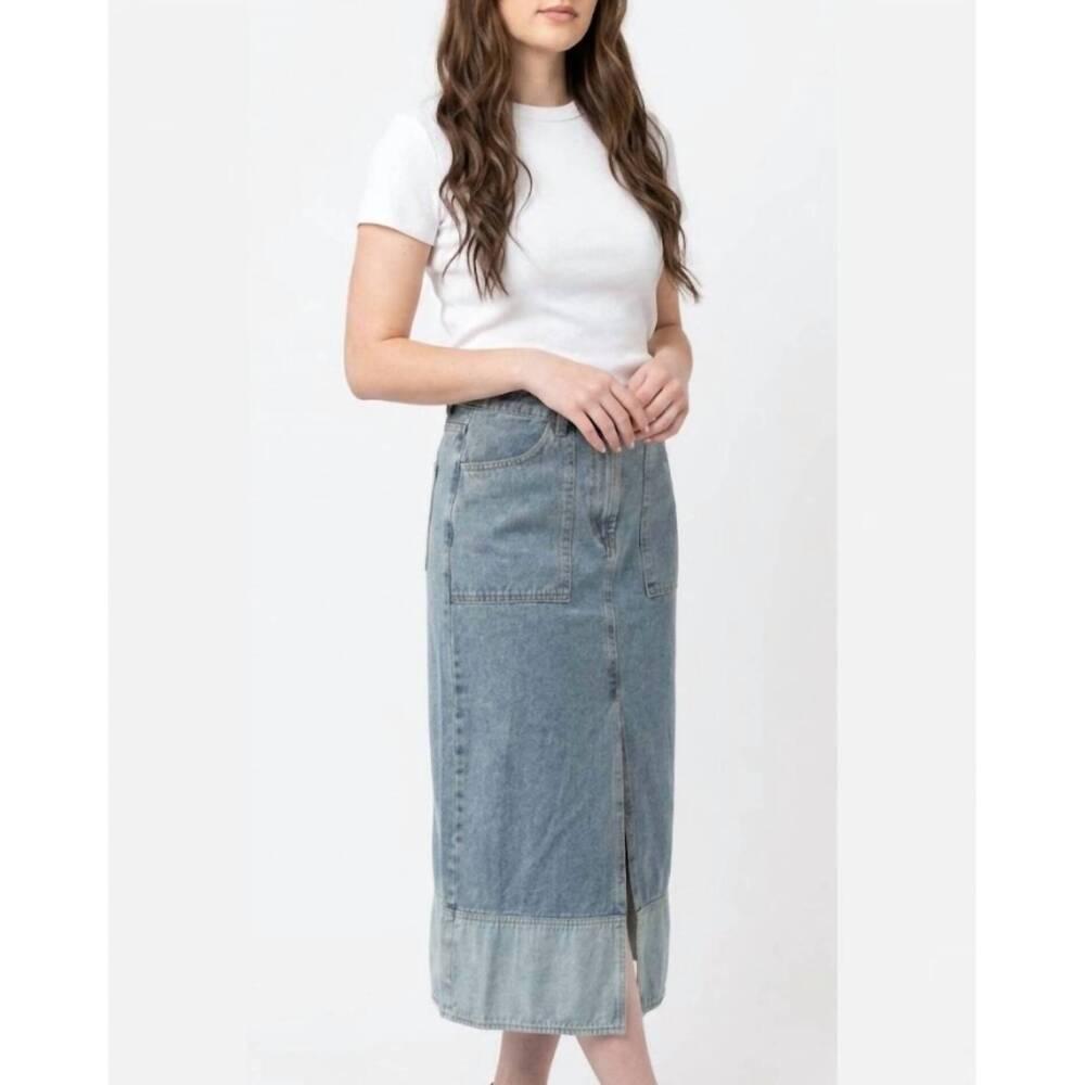 NEW MUSTARD SEED front slit midi denim skirt in blue
